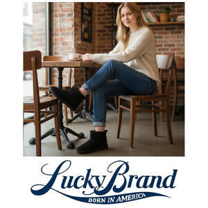 NEW Lucky Brand Dweller Black Suede Faux Shearling Ankle Booties Boots Sz 9 NWOB